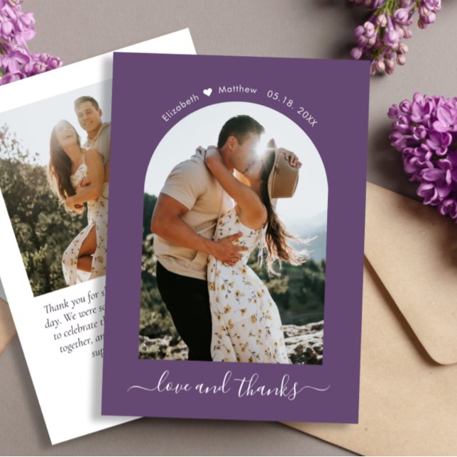 Elegant Thanks Script 2 Photo Mauve Arch Wedding  Thank You Card (Creator Uploaded)