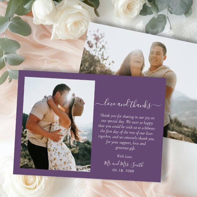 Elegant Thanks Script 2 Photo Mauve Wedding  Thank You Card (Creator Uploaded)