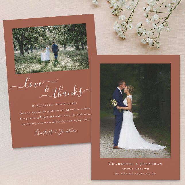 Elegant Thanks Wedding 2 Photo Terracotta Thank You Card (Modern elegant calligraphy script love and thanks 2 photo wedding thank you terracotta flat card)