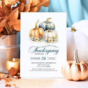 Elegant Thanksgiving Dinner Blue Gold Pumpkins Invitation