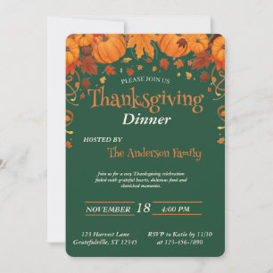 Elegant Thanksgiving Dinner Pumpkin Autumn Leaves Invitation