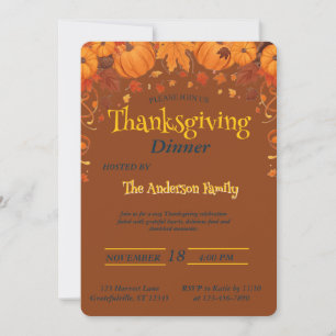 Elegant Thanksgiving Dinner Pumpkin Autumn Leaves Invitation