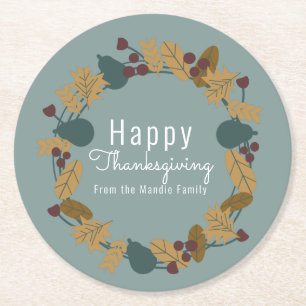 Elegant Thanksgiving Pear Wreath Illustration Round Paper Coaster