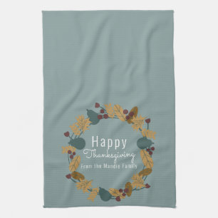 Elegant Thanksgiving Pear Wreath Illustration Tea Towel