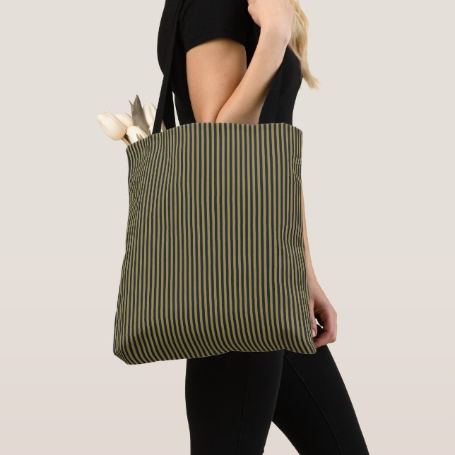 Elegant Thin Gold & Navy Blue Vertical Stripes Tote Bag (Close Up)
