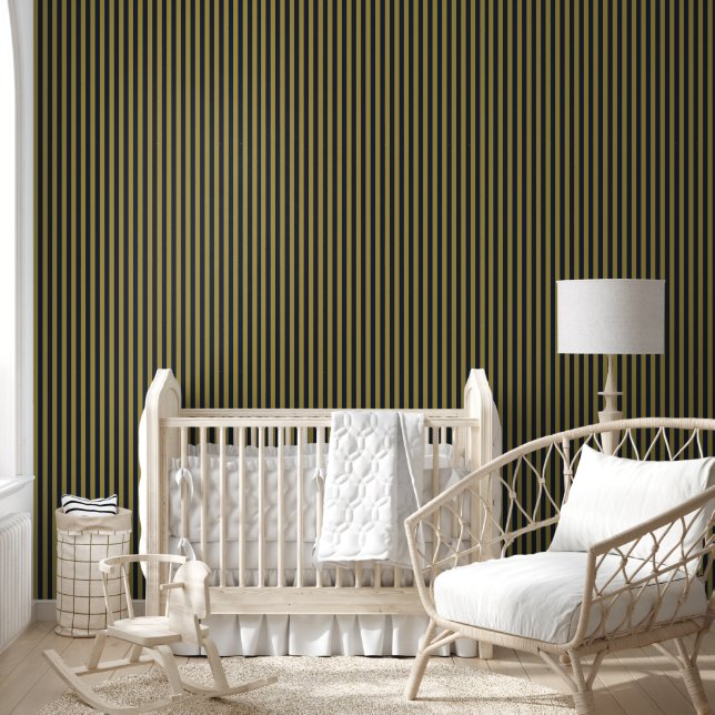 Elegant Thin Gold & Navy Blue Vertical Stripes Wallpaper (Kids)