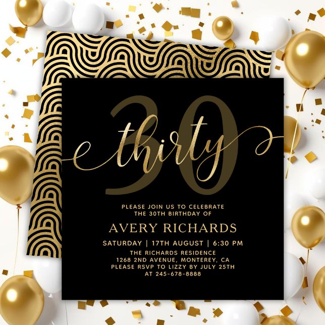 Elegant Thirty Gold Script Black 30th Birthday Invitation (Creator Uploaded)