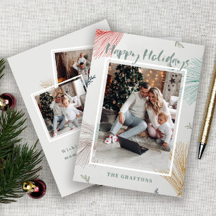 Elegant Three Photo Happy Holiday Merry Christmas Card