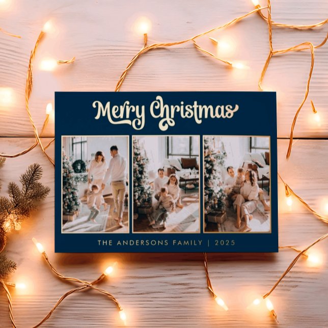 Elegant Three Photo Navy Blue Merry Christmas  (Creator Uploaded)