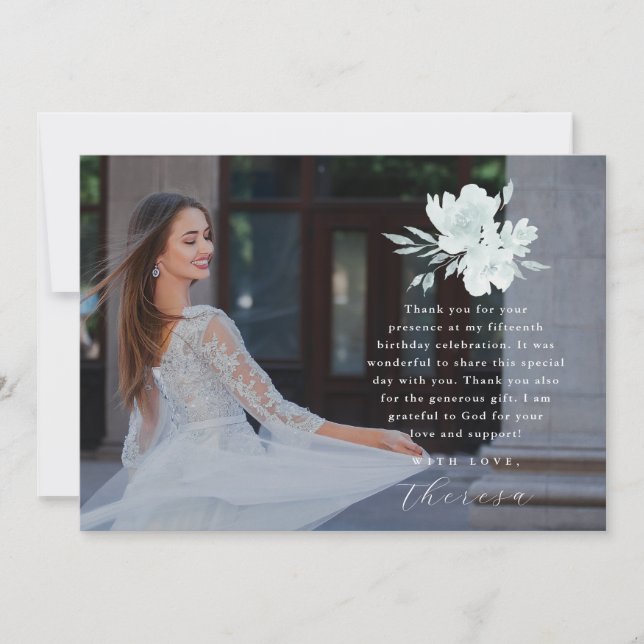 Elegant Three Photo Quinceanera Floral Thank You Invitation (Front)