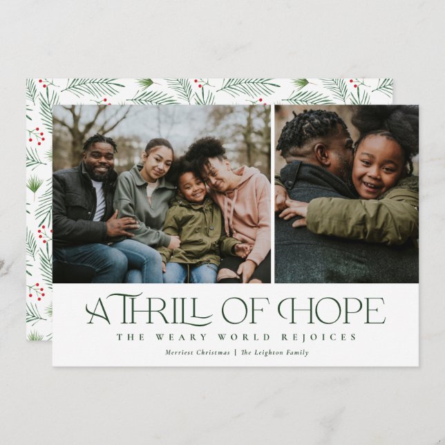 Elegant Thrill of Hope Two Photo Green Christmas  Holiday Card (Front/Back)