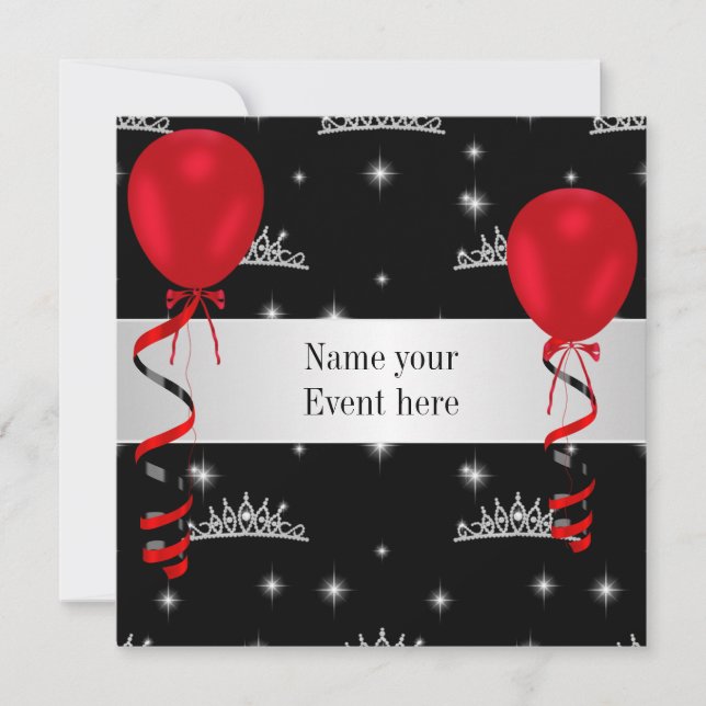 Elegant Tiara Black Red Balloons Special Event Invitation (Front)