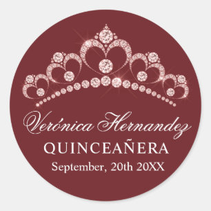 Elegant Tiara Burgundy Spanish Quinceañera Quince Classic Round Sticker