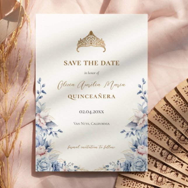 Elegant Tiara Floral Quinceañera Photo  Save The Date (Creator Uploaded)
