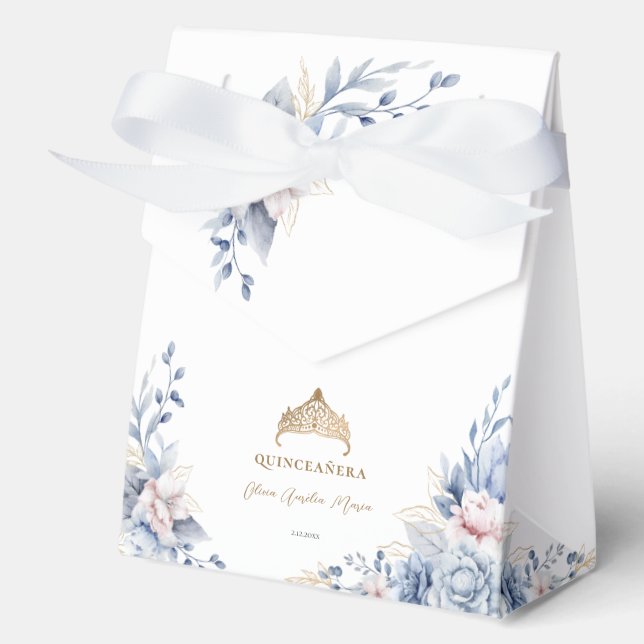 Elegant Tiara Gold Blue roses Quinceañera Favour Box (Front)