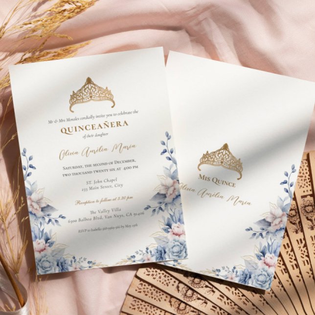 Elegant Tiara Gold Blue roses Quinceañera Invitation (Creator Uploaded)