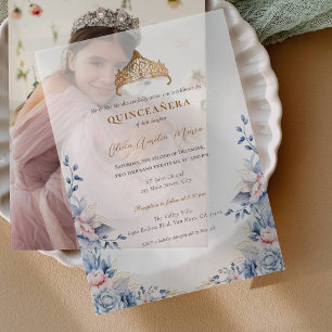 Elegant Tiara Gold Blue roses Quinceañera Vellum Invitations
