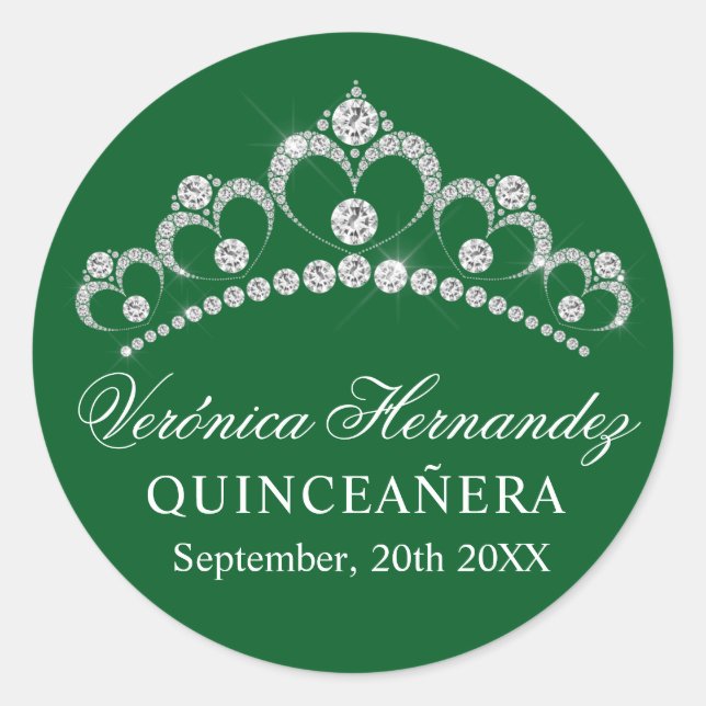 Elegant Tiara  Green Spanish Quinceañera Quince Classic Round Sticker (Front)