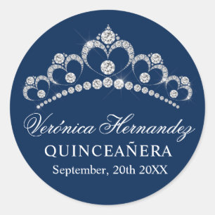 Elegant Tiara Navy Blue Spanish Quinceañera Quince Classic Round Sticker