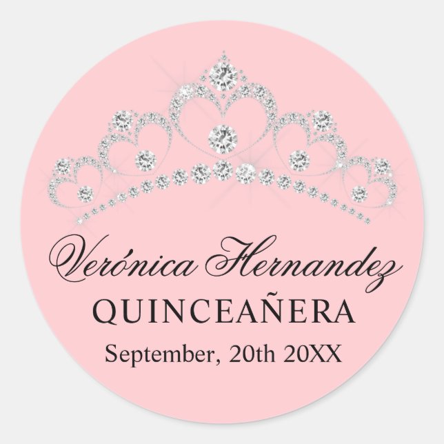 Elegant Tiara Pink Spanish Quinceañera Quince Classic Round Sticker (Front)