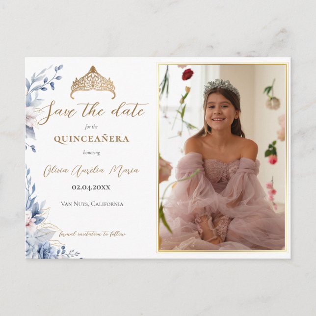Elegant Tiara Quinceañera Photo Save the date Announcement Postcard (Front)
