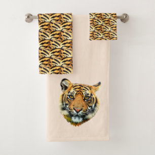 Elegant tiger face on beige bath towel set