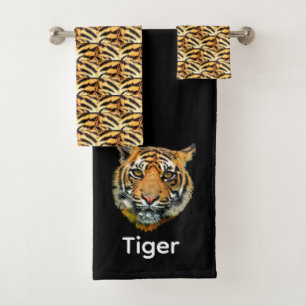 Elegant tiger face on black personalised bath towel set