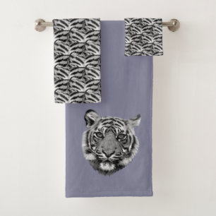 Elegant Tiger Face on Roman Silver Grey Bath Towel Set