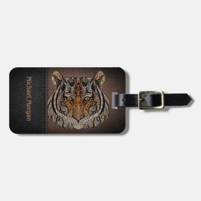 Elegant, Tiger Head Leathe Look- Personalised Luggage Tag (Front Horizontal)