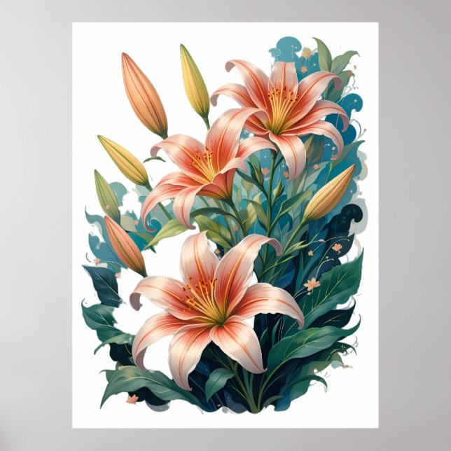 Elegant Tiger Lilies Floral Arrangement Illustrati Poster (Front)