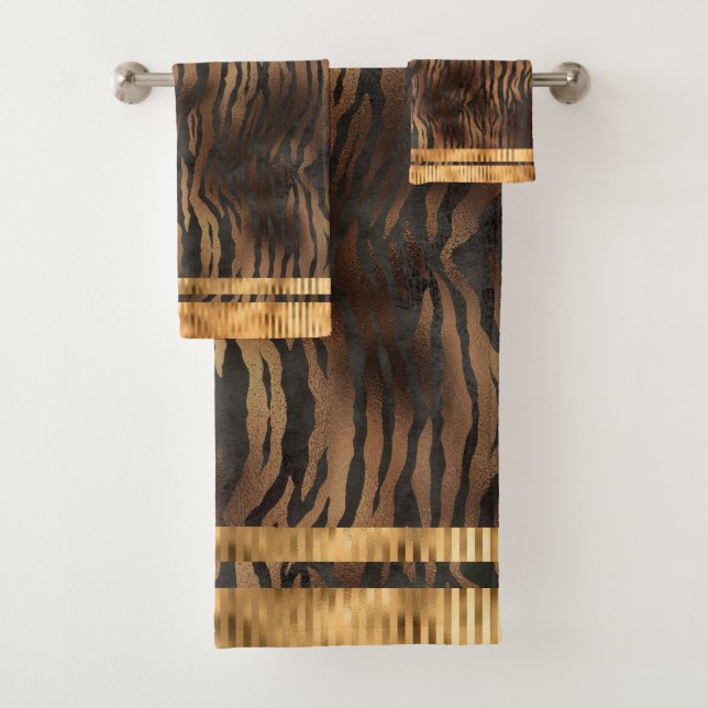 Elegant Tiger Print Gold Metallic Glam Chic Bath Towel Set (Insitu)