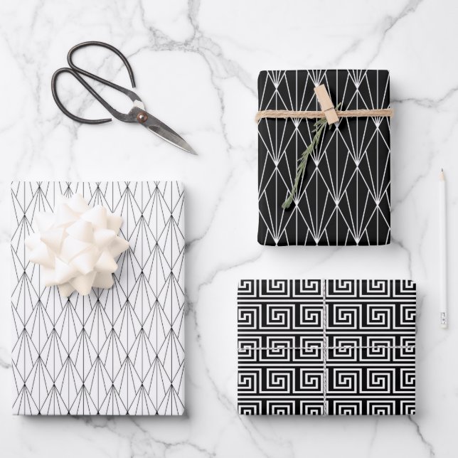 elegant tiled black white art deco pattern wrapping paper sheet (Front)