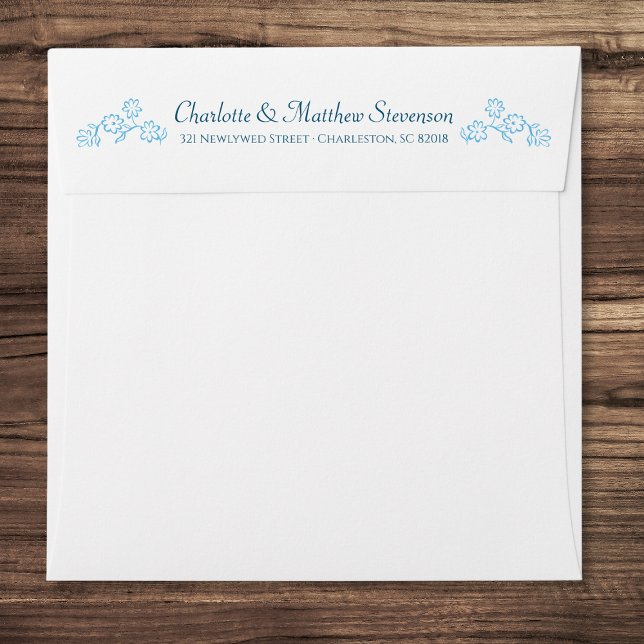 Elegant Timeless Blue Floral Illustration Wedding  Envelope (Creator Uploaded)