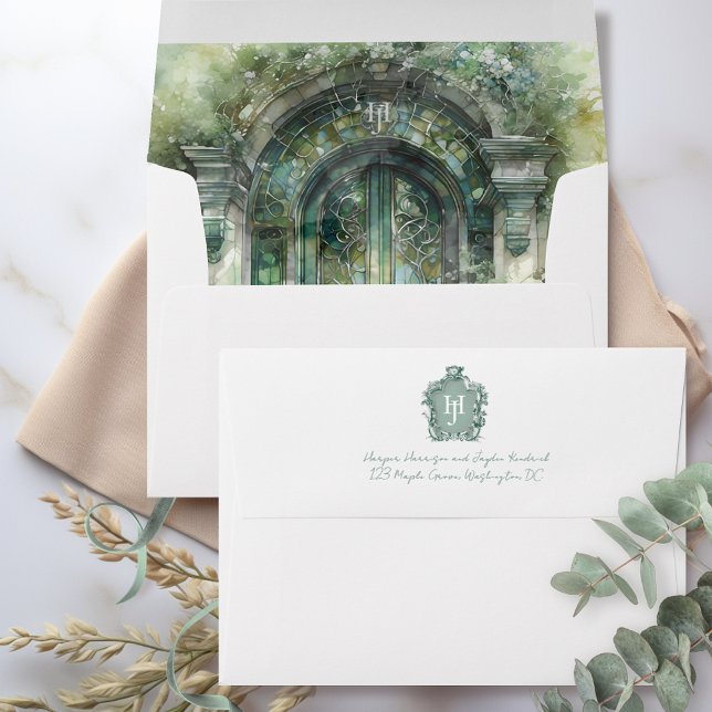 Elegant Timeless in Green Hues Monogram Wedding Envelope (Creator Uploaded)