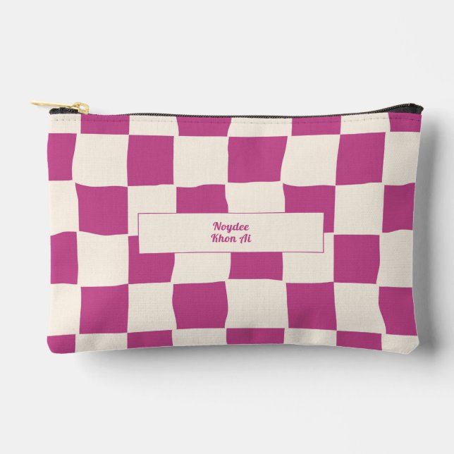 Elegant Timeless Name Purple and Cream Check Accessory Pouch (Front)