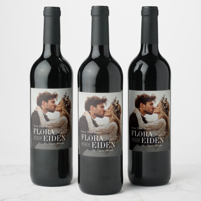 Elegant Timeless Typography Photo Save The Date Wine Label (Bottles)