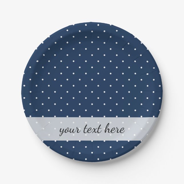 elegant tiny navy blue white polka dots pattern paper plate (Front)