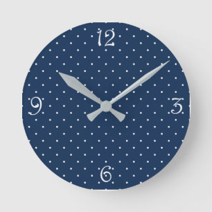 elegant tiny navy blue white polka dots pattern round clock