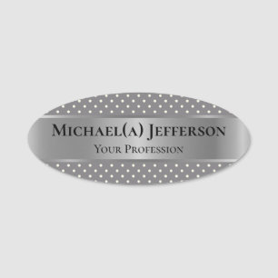 Elegant Titanium Grey Polka Dots And Luxury Silver Name Tag