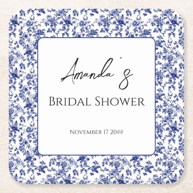 Elegant Toile Blue Floral Bridal Shower Square Paper Coaster (Front)