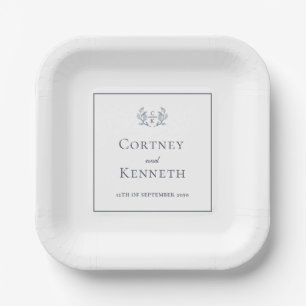 Elegant Toile Crest Monogram Wedding Blue French Paper Plate