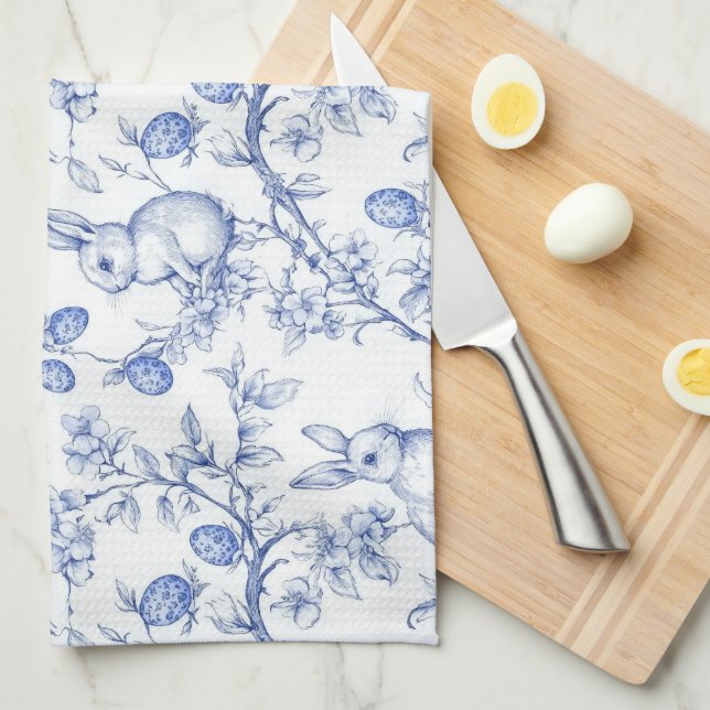 Elegant Toile De Jouy Blue Easter Bunny Tea Towel (Quarter Fold)