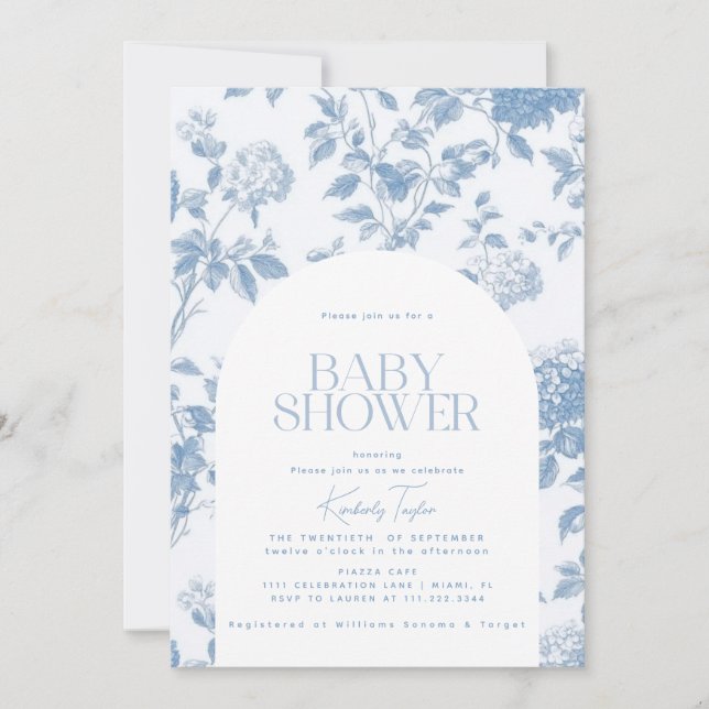 Elegant Toile De Jouy Blue Hydrangea Baby Shower Invitation (Front)