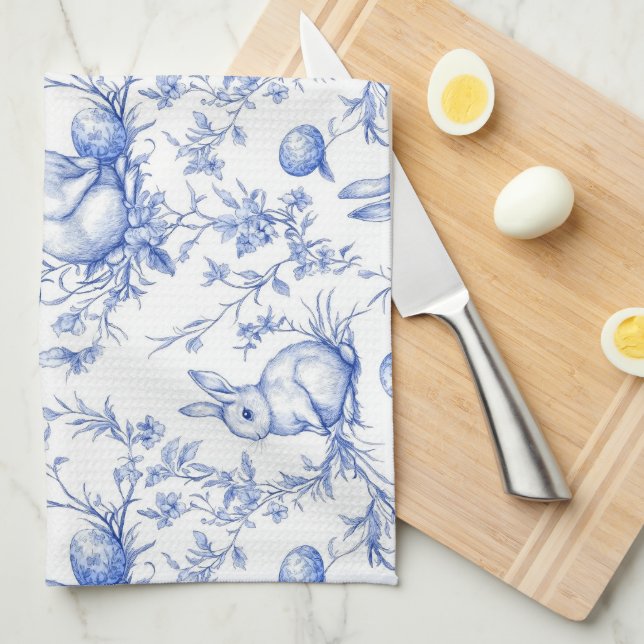 Elegant Toile De Jouy Easter Bunny Tea Towel (Quarter Fold)