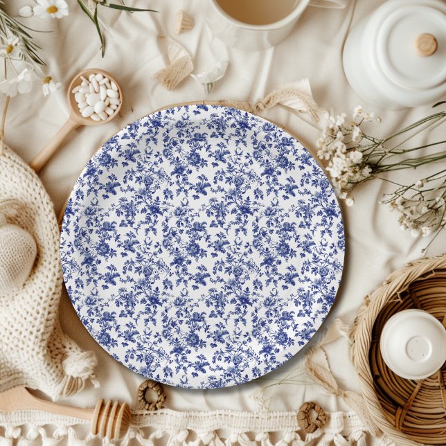 Elegant Toile de Jouy Floral Blue Bow Baby Shower Paper Plate (Creator Uploaded)