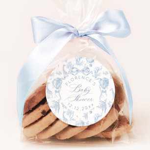 Elegant Toile de Jouy Safari Blue Baby shower  Classic Round Sticker