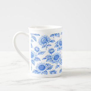 Elegant Toile du Jouy Sunflowers – Blue Botanical  Bone China Mug