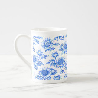 Elegant Toile du Jouy Sunflowers – Blue Botanical  Bone China Mug