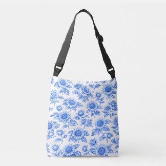 Elegant Toile du Jouy Sunflowers – Blue Botanical Crossbody Bag