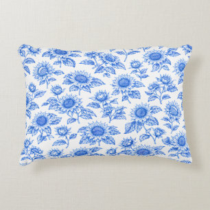 Elegant Toile du Jouy Sunflowers – Blue Botanical Decorative Cushion